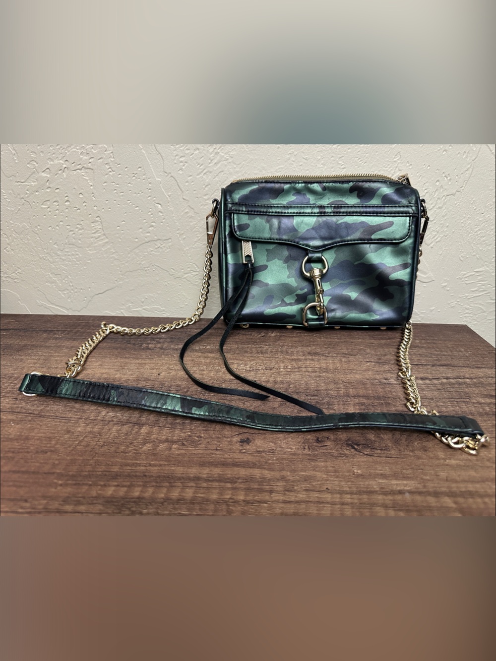 Rebecca Minkoff Green Camouflage Mini Mac Crossbody with Gold Chain